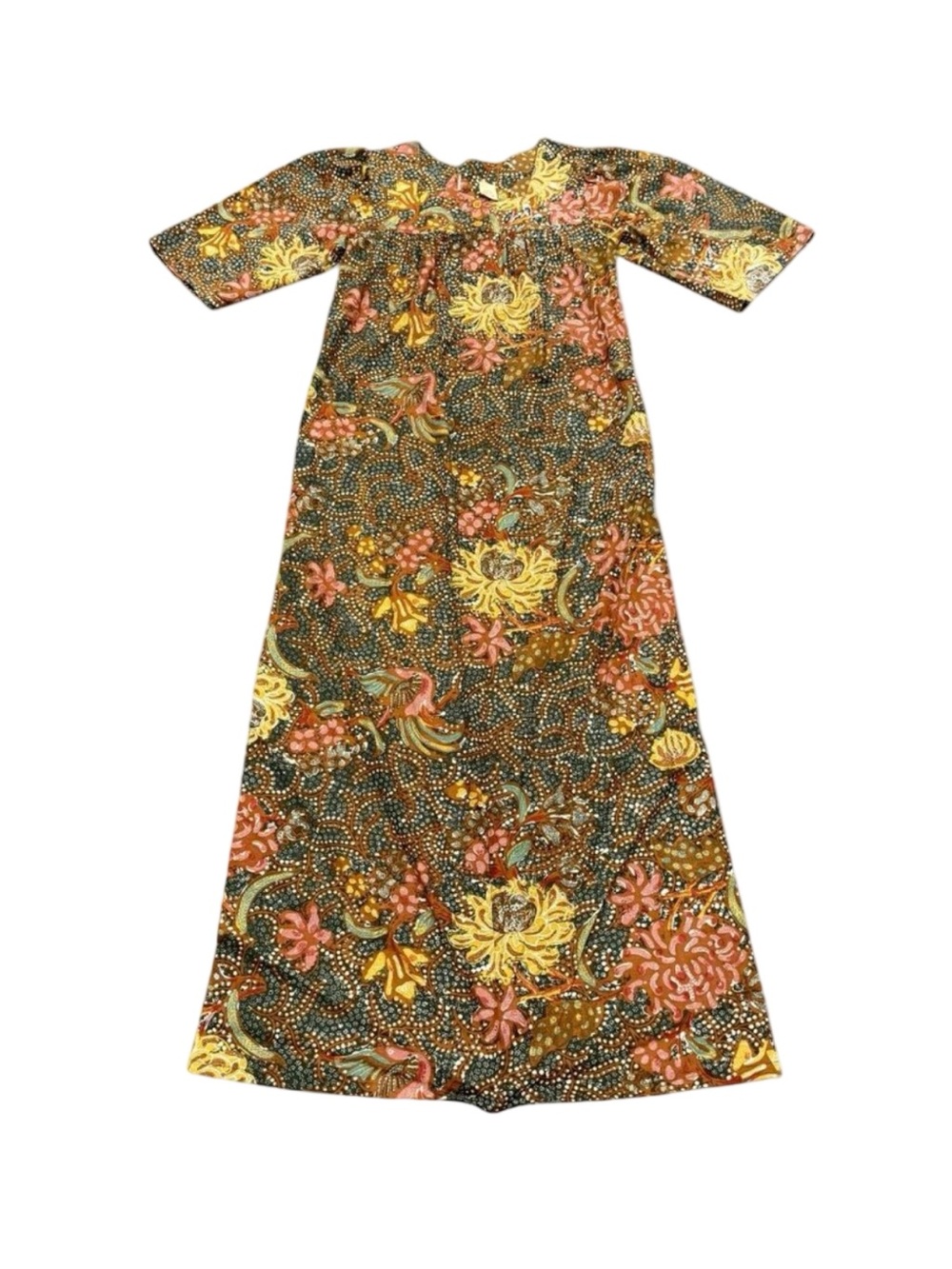 Vintage 1980s Brown & Green Floral Cotton Maxi Dress